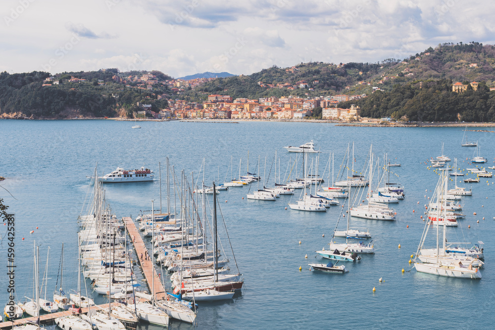 Top view of the town of San Terenzio on Ligurian coast from the port of Lerici. Copy space.