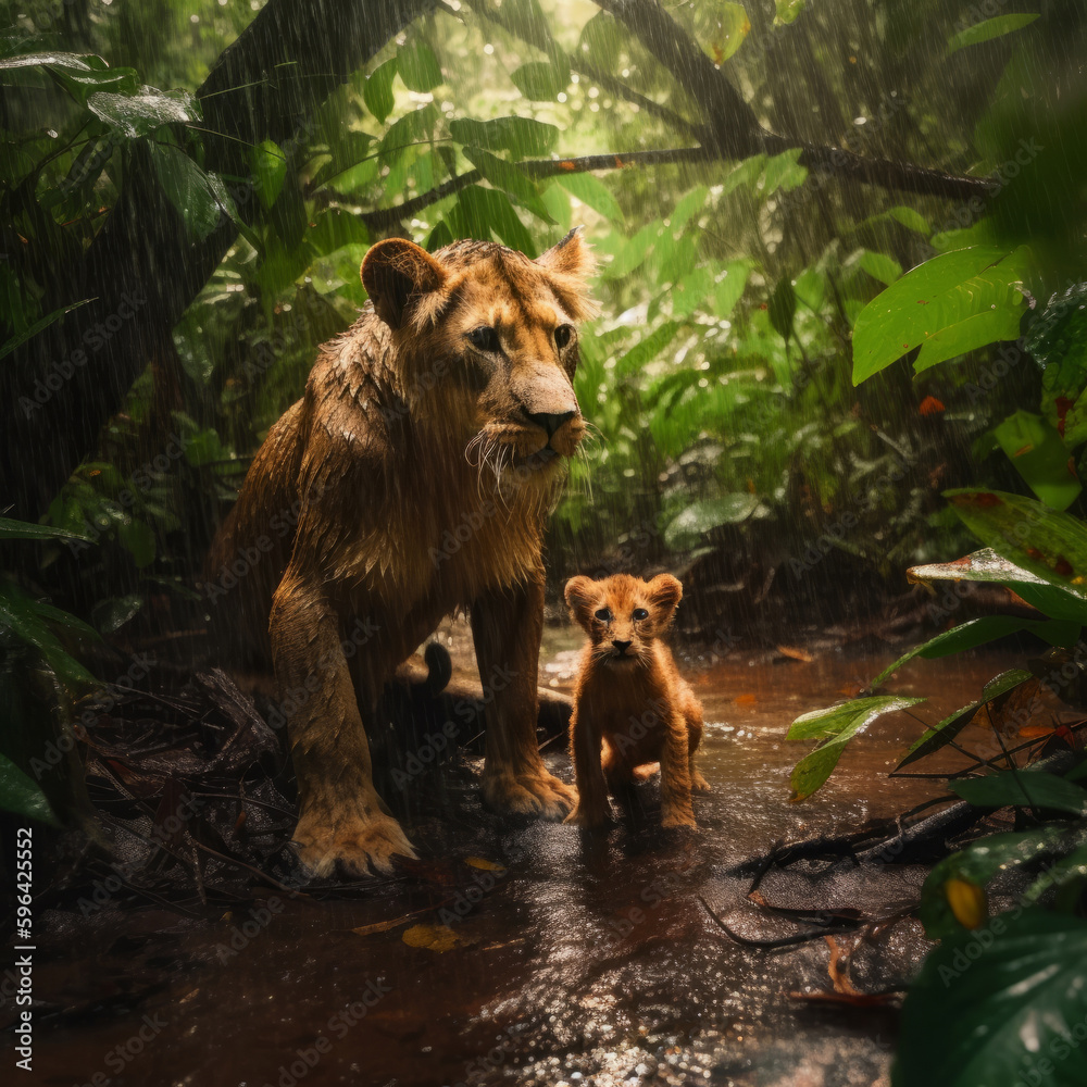 Lion with baby. Illustration AI Generative. Lion with baby. Illustration AI Generative.
