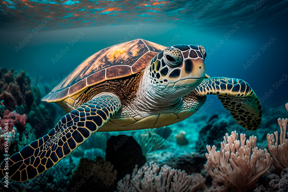 Fototapeta premium Big sea turtle gracefully swimming among vibrant coral reefs. Generative AI