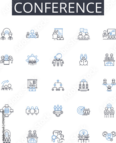 Conference line icons collection. Meeting, Assembly, Symposium, Convention, Rallying, Gathering, Summit vector and linear illustration. Convocation,Seminar,Forum outline signs set Generative AI