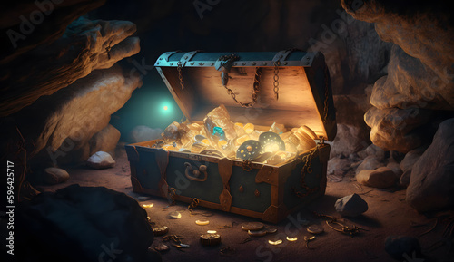 Treasure Chest in a Cave at Night Time with Glowing Jewels and Coins