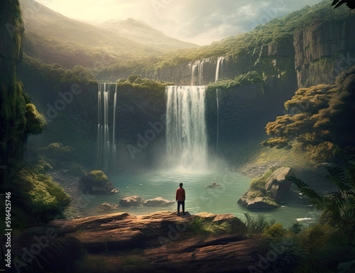 Beautiful Waterfall Seen  Person Traveling  Wanderlust  Background  Graphical Resource  Nature Scenery. Generative AI 