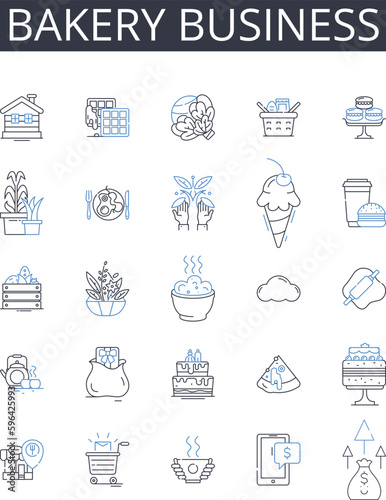 Bakery business line icons collection. Humanitarianism, Developing countries, Philanthropy, Cultural exchange, Empowerment, Service, International aid vector and linear illustration. Generative AI