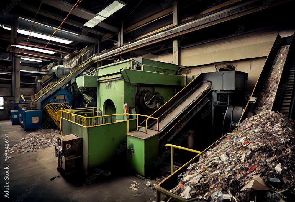 Waste recycling line. Waste sorting plant. Created with Generative AI Waste recycling line. Waste sorting plant. Created with Generative AI