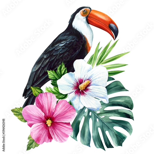 Toucan, hibiscus flowers and palm leaves on isolated white background, watercolor botanical painting, 