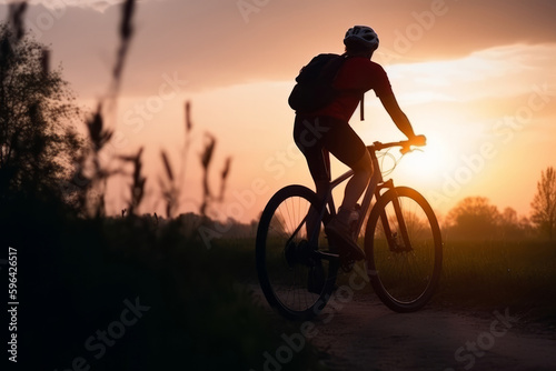 Cyclist in sunset. Illustration AI Generative.