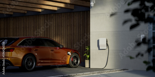 Fotografie, Tablou Generic electric vehicle EV hybrid car is being charged from a wallbox on a cont