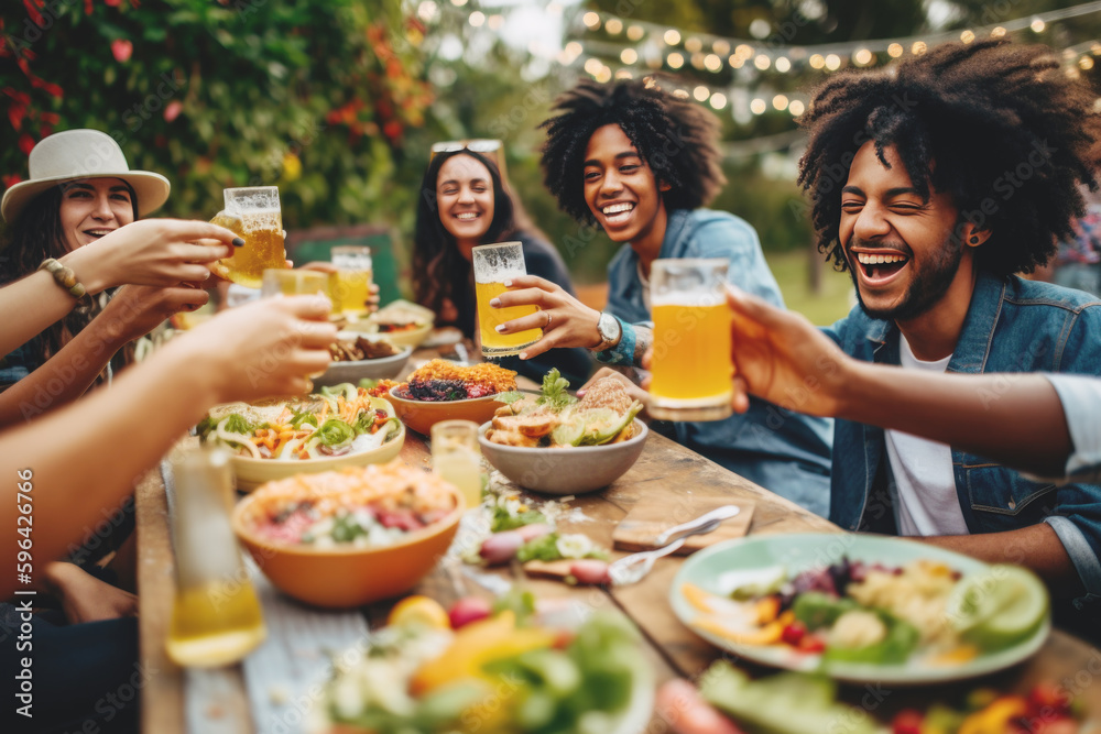 Group of young people toasting and having good time AI generative art Group of young people toasting and having good time AI generative art