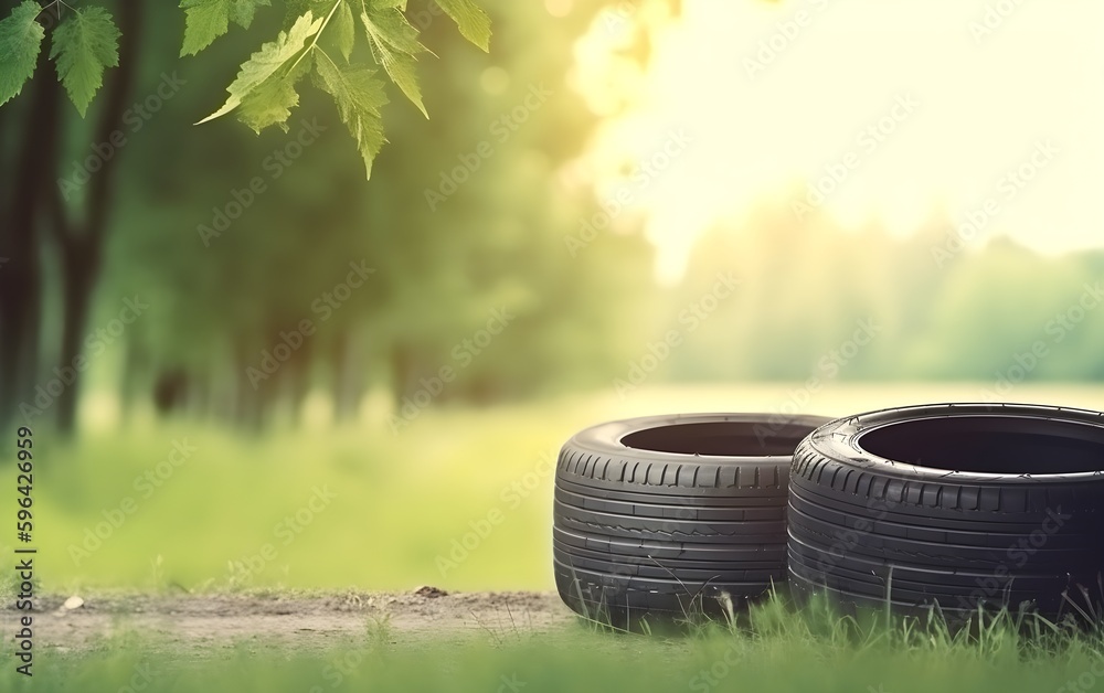 summer car tires on summer background with copy space. Generative AI