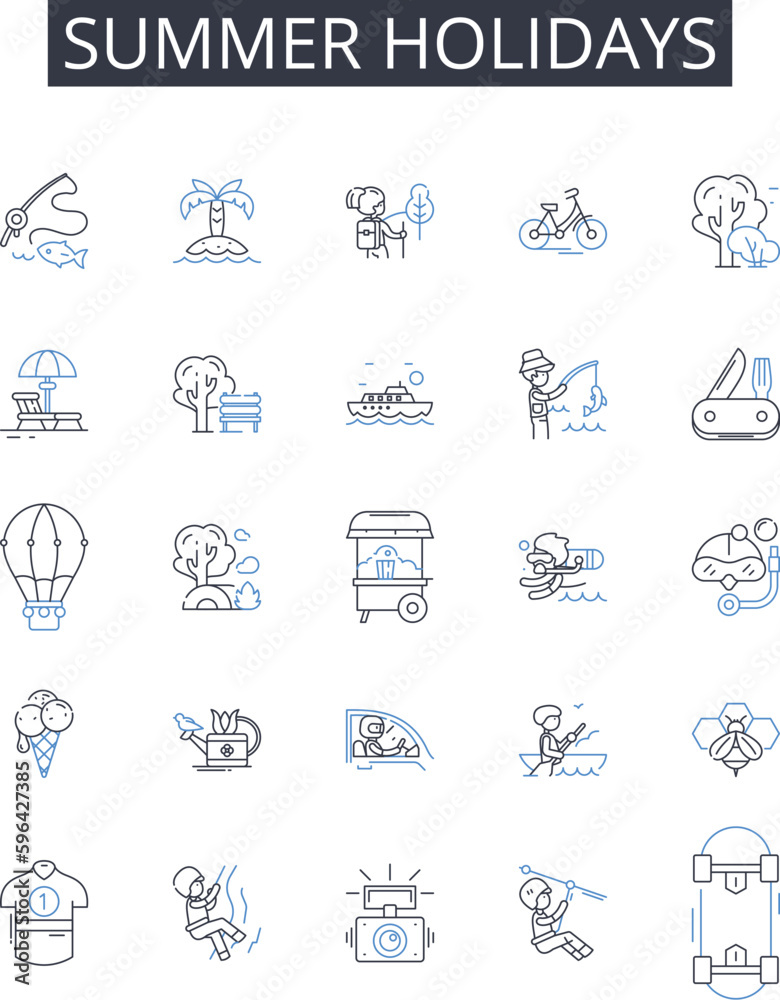Summer holidays line icons collection. Vacation, Break, Getaway, Trip, Retreat, Respite, Leisure time vector and linear illustration. Recess,Time off,Holiday outline signs set Generative AI