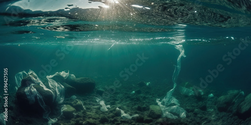 Pollution of plastic water bottles, plastic bags, cans in the ocean. generative AI