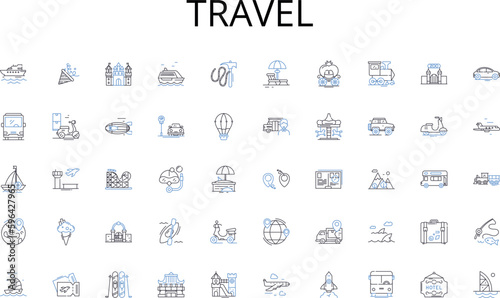 Travel line icons collection. Curation, Assortment, Trove, Compilation, Catalogue, Archive, Stockpile vector and linear illustration. Selection,Inventory,Aggregation outline signs set Generative AI