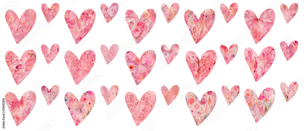 Beautiful pink watercolor hearts with a spring pattern in pink colors on a transparent background. Many hearts, love day, valentine's day. generative AI