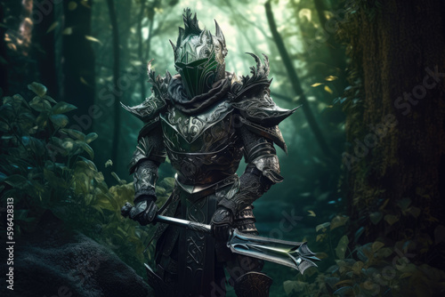 Fantasy knight with old armor in the ancient forest. Generative AI © barmaleeva
