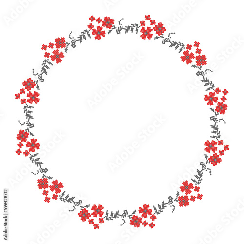 Floral ornament, round frame in the form of a circle from the elements of traditional Ukrainian geometric cross-stitch, amulets, for decorating weddings, celebrations, holidays