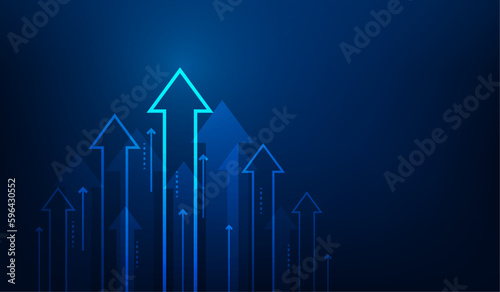 business increase arrow up digital technology on blue background. income profit and investment growth. stock market trading achievement. vector illustration fantastic low poly design.