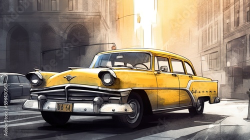 yellow taxi car on the street in the downtown illustration