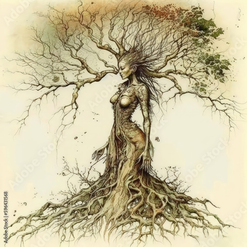 Sepia Female Dryad, Tranquil Expression, Generative AI