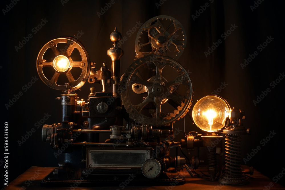 Steampunk style movie gear in victorian inetrior.  Generative AI