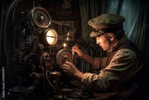 Steampunk portrait of movie engineer in victorian inetrior. Generative AI