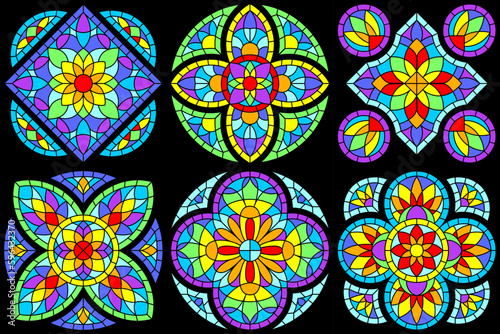 Set of stained-glass windows in gothic style. Medieval mosaic tile texture.