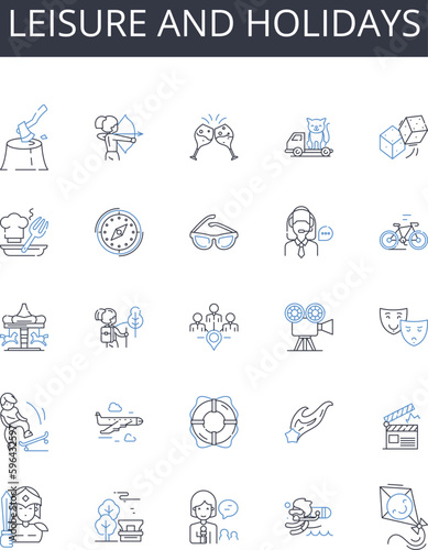 Leisure and holidays line icons collection. Peaceful retreat, Festive celebrations, Joyful pastimes, Recreational pursuits, Serene repose, Amusing diversions, Contented pleasures vector Generative AI