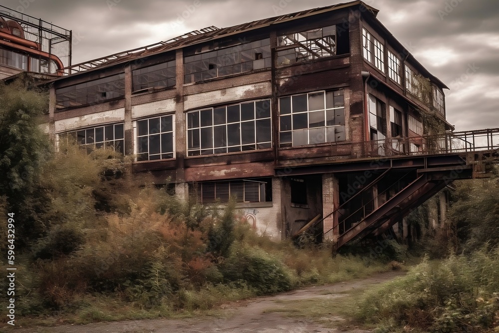 an old and worn-out factory area where all the people have left due to the fall of the industry. generative AI
