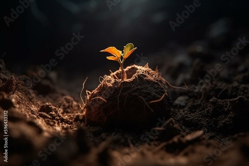 A fragile sprout emerges from broken earth, seeking new life. Generative AI