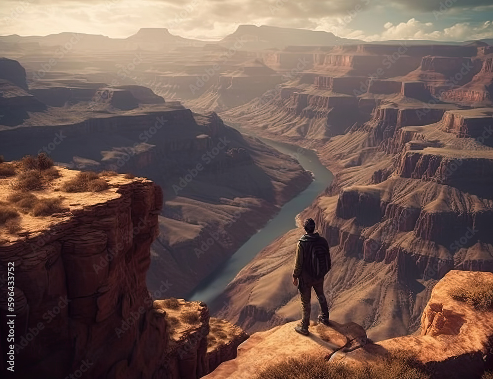 Fototapeta premium Grand Canyon, Traveling, Person Looking in Wonder, Wanderlust, Background, Nature, Landscape. Generative AI