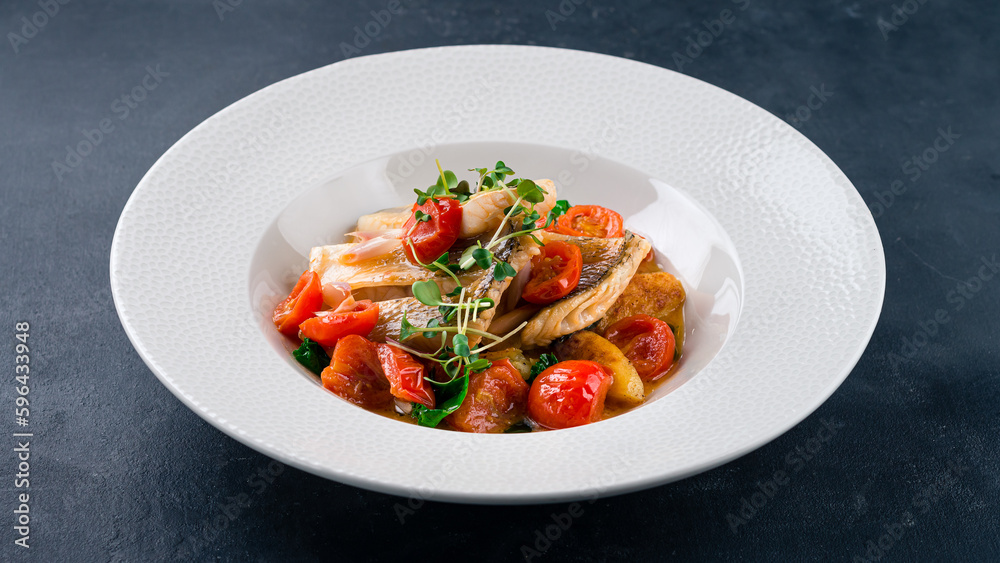 Baked white fish with potatoes, tomatoes, lettuce and microgreens.