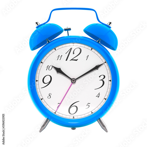 Alarm clock, vintage style blue color clock with black hands.