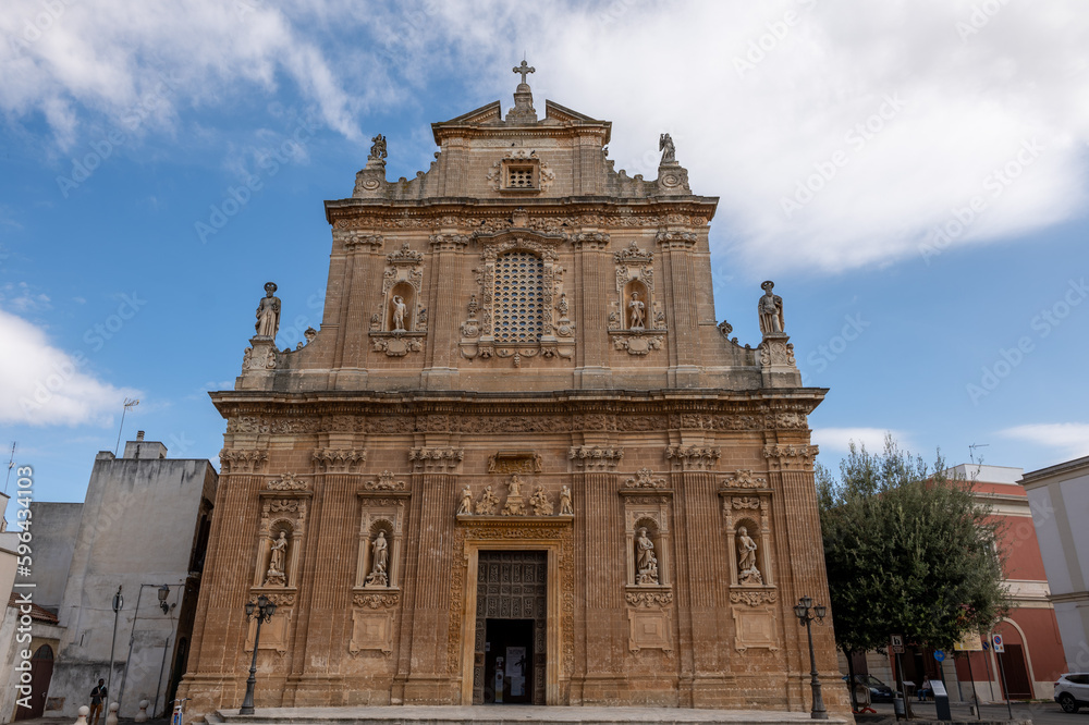 Main facade of the Church of of the Crucifix in Galatone, in Galatone. Salento Baroque. Italy