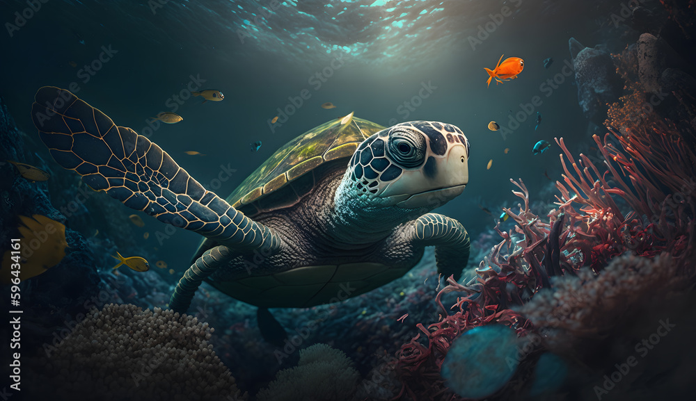 Fototapeta premium Turtle Swimming in the Sea by the Coral Reef with other Tropical Fish Around