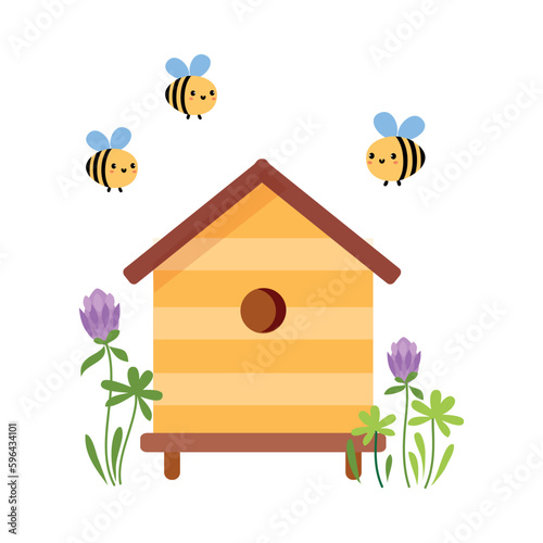 Wooden beehive and flying bees. Farm apiculture equipment cartoon vector illustration