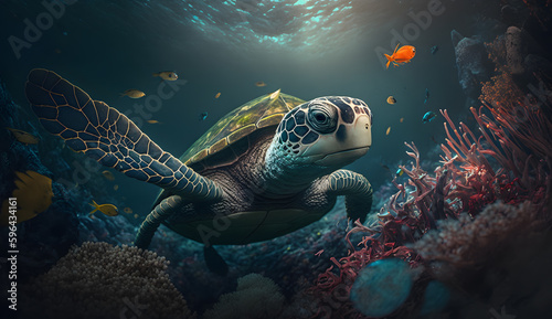 Turtle Swimming in the Sea by the Coral Reef with other Tropical Fish Around