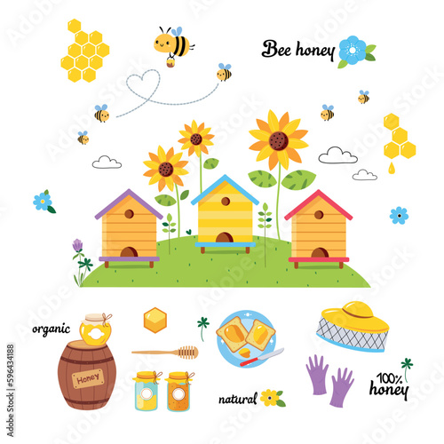 Honey production objects set. Apiary farm products and equipment, wooden barrel, dipper, safety mask and gloves cartoon vector illustration