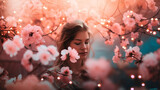 Spring background - beautiful girl in blossom garden, generative ai
