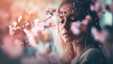 Spring background - beautiful girl in blossom garden, generative ai