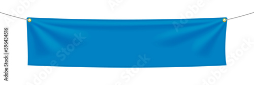 Blue fabric banner with folds stretched on ropes with space for your slogan, word or art. Png isolated on transparent background
