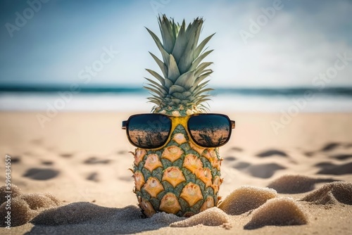 Pineapple with sunglasses on the sandy beach. Summer vacation concept