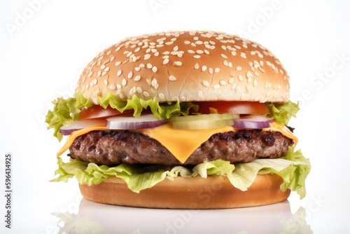 Close-up, big meat burger on a white background. Generative ai.