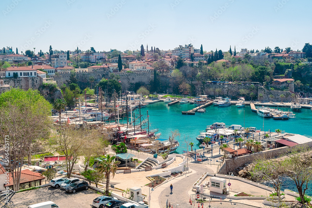 Fototapeta premium Panoramic view of harbor in Antalya Kaleici Old Town. Antalya, Turkey
