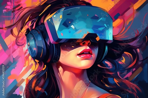 Girl with a vr receiver under her vr glasses in the style of neo-abstract realism. Colorful futurism. Generative AI © Kanisorn