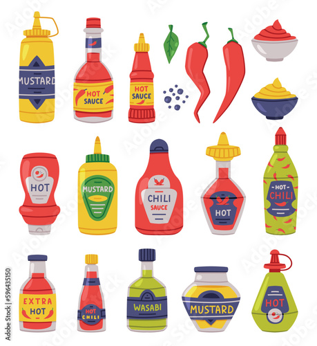 Hot and Spicy Mustard and Chili Sauce in Plastic Bottle with Label Vector Set