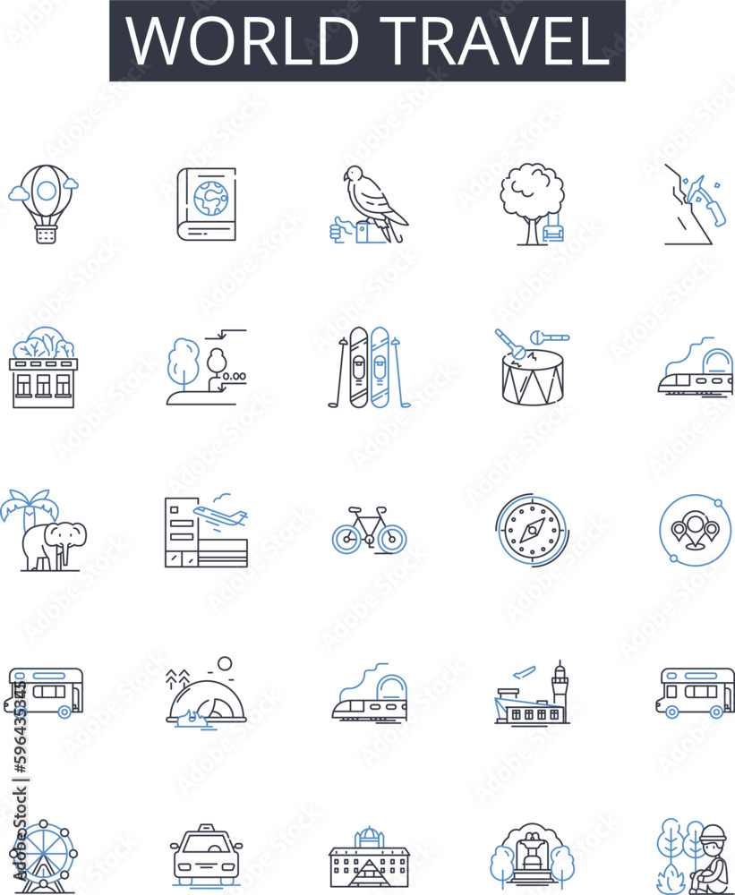 World travel line icons collection. Global journey, Overseas adventure, Wanderlust tourism, Intercontinental exploration, Across the globe, Transcultural voyaging, Intercity excursion Generative AI
