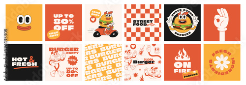 Vászonkép Burger retro cartoon fast food posters and cards