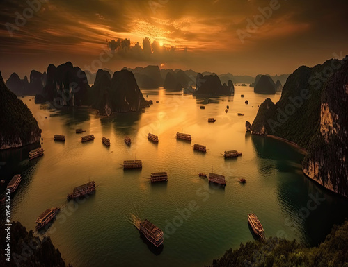 Ha Long Bay Vietnam. Beautiful Sunrise. Beautiful Sunset. Boats, water, travel, wanderlust. Generative AI