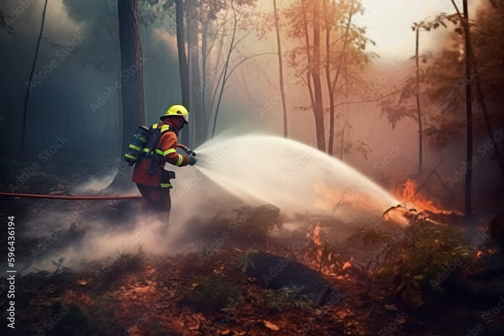 A firefighter extinguishes a burning forest, the image is completely generated by Ai A firefighter extinguishes a burning forest, the image is completely generated by Ai
