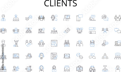 Clients line icons collection. Diverse, Expansive, Multinational, Integrated, Ecclectic, Merged, Considerable vector and linear illustration. Coherent,Fused,Amalgamated outline signs set Generative AI