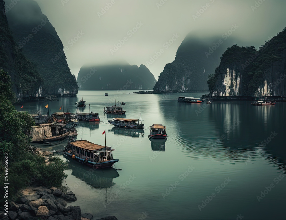 Ha Long Bay Vietnam. Beautiful Sunrise. Beautiful Sunset. Boats, water, travel, wanderlust. Generative AI